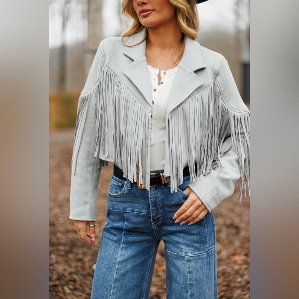 **NWT** Blue B Collection Faux Suede Women's Gray Fringe Jacket